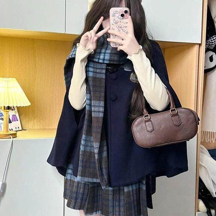 JK制服毛呢斗篷套装女秋冬2025新款时尚蓝格子披风围巾领毛呢外套,淘宝优惠券,粉丝福利购,淘宝优惠卷