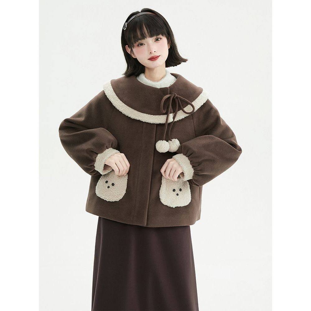 【焦糖小熊】咖色毛领盘扣加厚保暖毛呢外套+半身裙两件套女冬季,淘宝优惠券,粉丝福利购,淘宝优惠卷