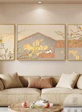 速发平安喜乐新中式客厅装饰大沙发鱼景墙画气三联挂画九背图壁画