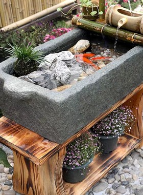 室外造景石槽竹排流水创意庭x院落地景观喷泉摆件阳台鱼池盆景装