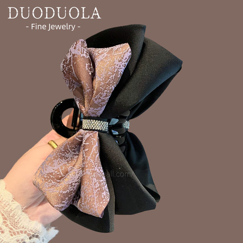 复古高级感缎面蝴蝶结抓夹女后脑勺水钻鲨鱼夹发饰盘发夹发抓简约 - 图1