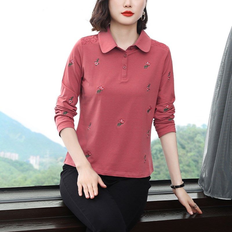 纯棉长袖t恤女2024春装新款气质大码polo衫中老年妈妈上衣打底衫,淘宝优惠券,粉丝福利购,淘宝优惠卷