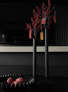 侘寂风铁艺简约花瓶客厅插花装饰摆件中式禅意高级感黑色细长花器