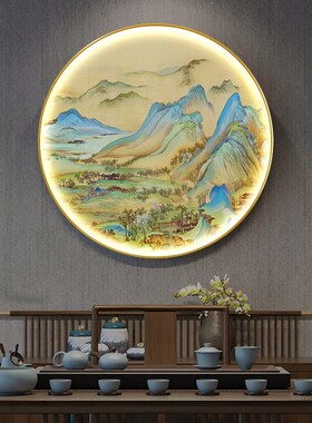 好货千里江山图新中式入户玄关灯画装饰画圆形画客厅餐厅背景墙挂