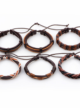 琦诺新款手錬饰品 时尚牛皮蜡绳编织手錬 六件套饰品