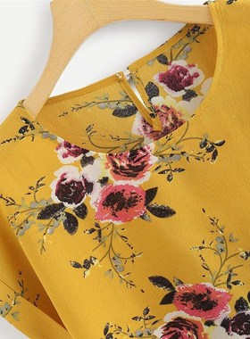 极速Summer Fashion Floral Print Blouse Pullover Ladies O-Nec