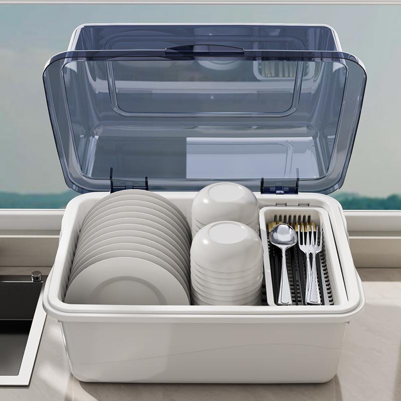 厨房碗筷收纳盒带盖防尘家用沥水碗架大容量多功能碗碟餐具置物架 - 图3