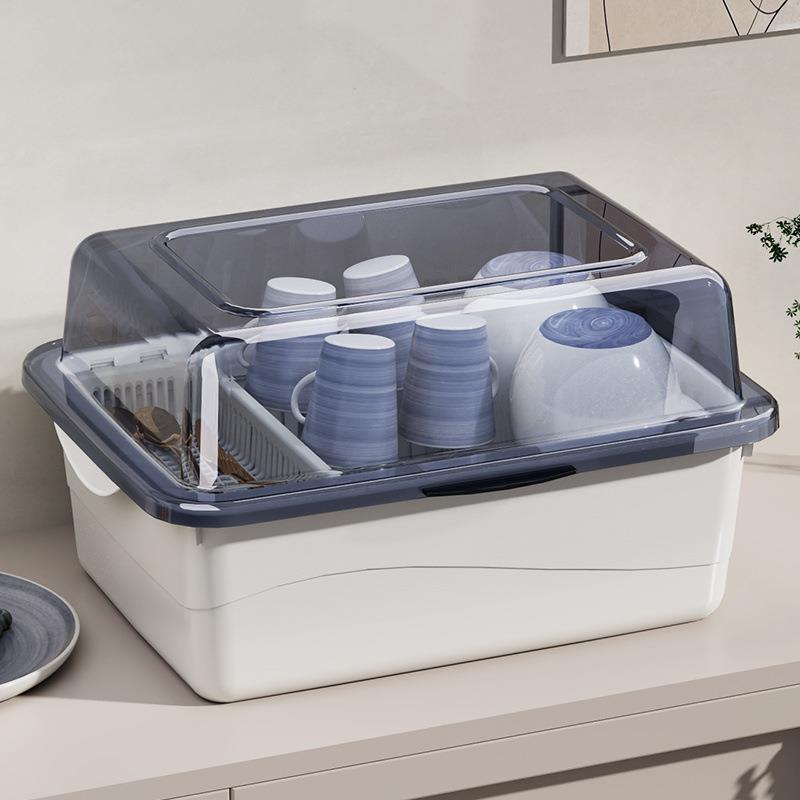 厨房碗筷收纳盒带盖防尘家用沥水碗架大容量多功能碗碟餐具置物架 - 图0