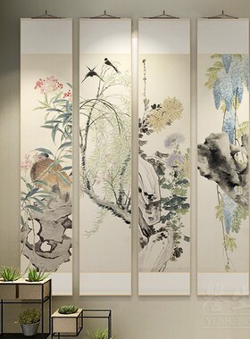 任熊花鸟国画新中式卷轴挂画竖版玄关走廊过道装饰画餐厅书房壁画