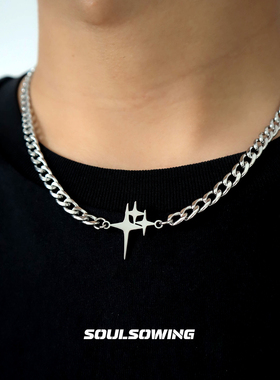 项链男款钛钢星芒小众设计高级感潮流痞帅古巴链吊坠嘻哈百搭个性