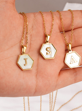 New titanium steel K gold hexagonal shell letter necklace f