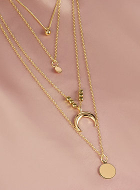 Collier Chain Necklace Multilayer Moon Alloy Metal Disc Gold