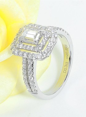 VERYINS 14K White Gold Center Emerald Cut Double Halo Moissa