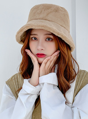 New Bucket Hat Fashion Solid Color Winter Thick Warm Faux Fu