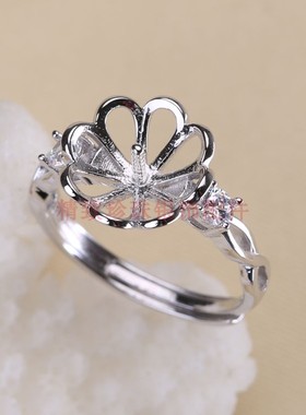 DIY配件S925银微镶镂空遮瑕戒指托指环调节活口珍珠戒托空托饰品