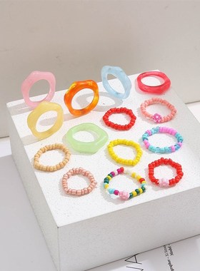 Flower rings women resin ring 14 piece set花朵七彩米珠戒指女