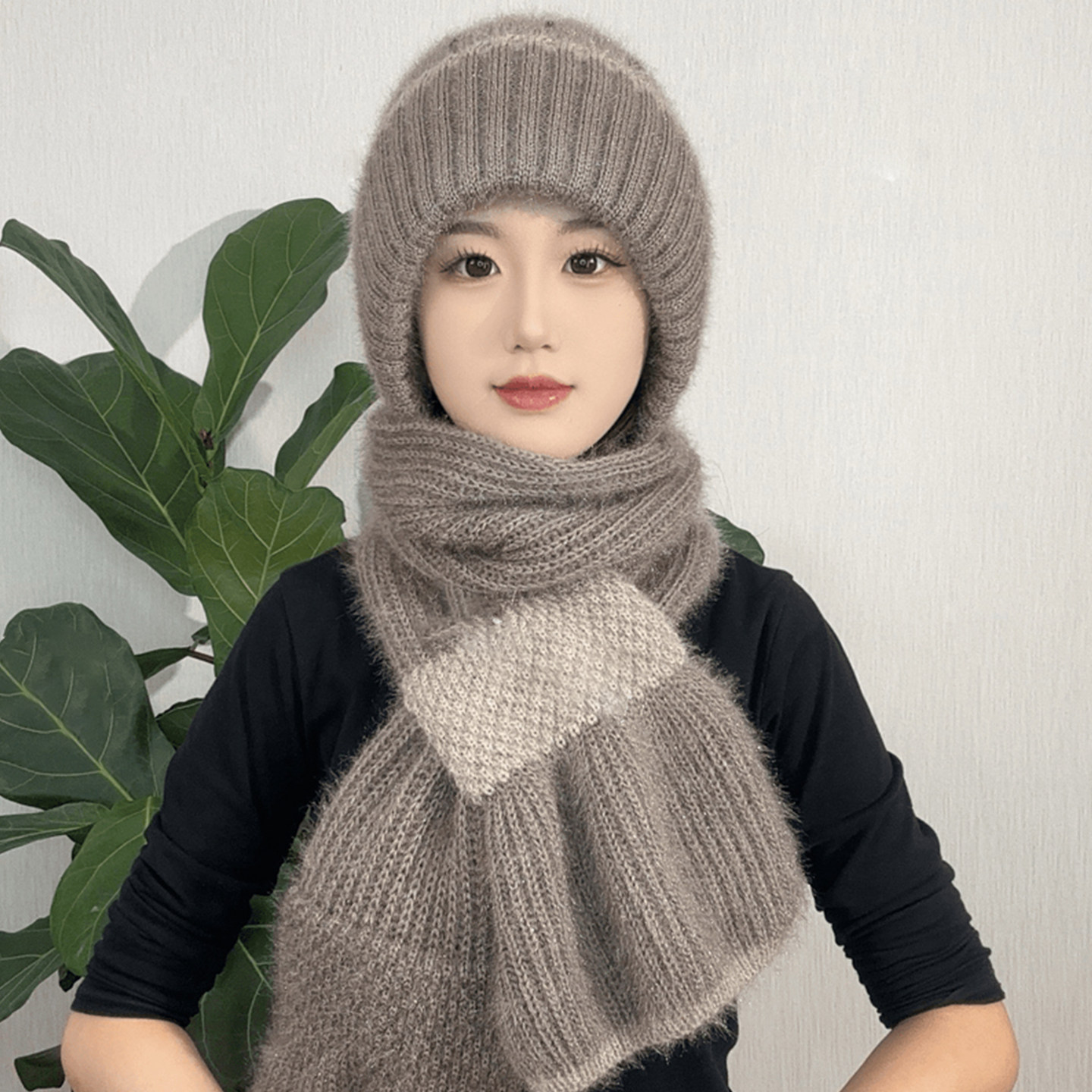 加绒加厚帽子围巾一体冬季保暖新款针织毛线风雪帽松鼠绒保暖帽女,淘宝优惠券,粉丝福利购,淘宝优惠卷