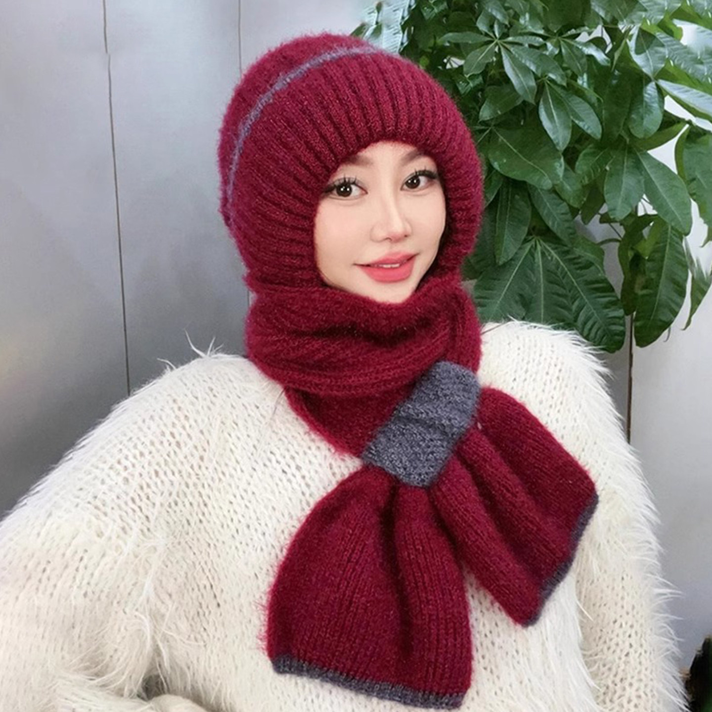 加绒加厚帽子围巾一体冬季保暖新款针织毛线风雪帽松鼠绒保暖帽女,淘宝优惠券,粉丝福利购,淘宝优惠卷