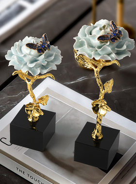 新中式轻奢c高档纯铜花朵摆件客厅电视柜办公室装饰品创意乔迁礼