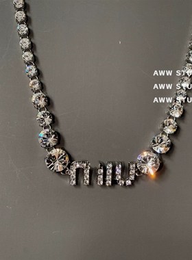 欧美m!u镶钻圆形水晶夸张字母个性项圈choker张元英款短款项链女