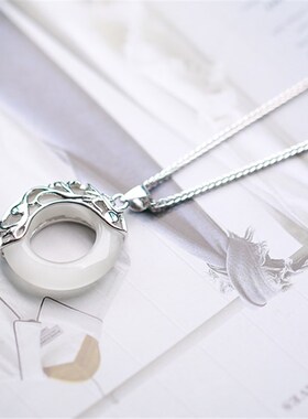 白色猫眼石冰种黑曜石男女款纯银链子挂件项链吊坠毛衣链饰品礼物