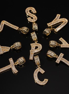 项链嘻哈字母吊坠欧美锆石英文男女个性饰品情侣潮钻方满方形26t