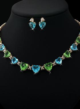 项链耳环套装锆石新娘奢华爱心礼服欧美满钻锁骨链饰品水滴女彩色