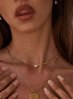 Square Zircon Necklace Thick Chain Titanium Steel Electropla