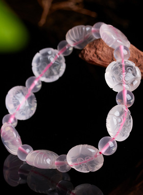 柏利来天然粉水晶莲花单圈手链新中式时尚原创清新冰透桃粉色手链