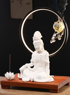 速发中式陶瓷世木禅意灯饰摆件创意厅流香炉家用客倒供奉观实音菩