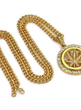 极速Hip Hop Diamond Maple Leaf Turntable Necklace Mens Turn