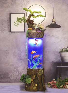 新中式创意流水喷泉水景圆柱形金鱼缸免换水客厅落地摆件加湿器