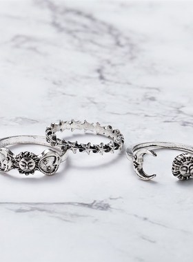 Star Moon 3-piece set ring womens开口星星3件套装戒指做旧