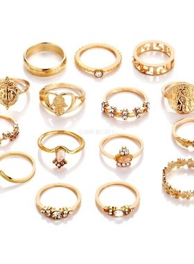 15pcs sets rings women 人像金币十字架花纹镶钻爱心戒指15件套