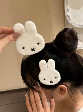 治愈系米菲兔贴片发夹白色毛绒扁兔头侧边夹学生少女平价好看刘海