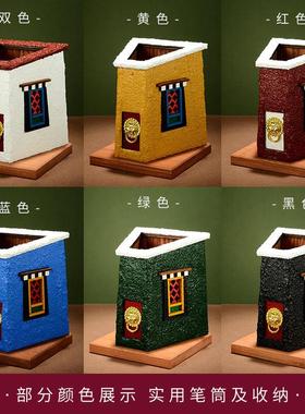 藏村中式转金桶笔筒家用办公室藏式建筑文创手工实木彩绘收纳摆件