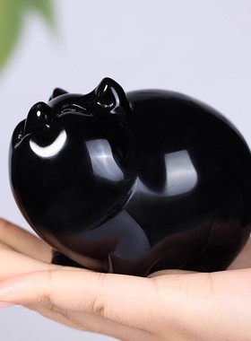 天然黑曜石小猪摆件黑色水晶石雕生肖猪摆设家居吉祥物玉石装饰品