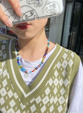 项链琉璃彩色串珠同款雏菊链周雨彤锁骨花朵小众女潮小花感男女夏