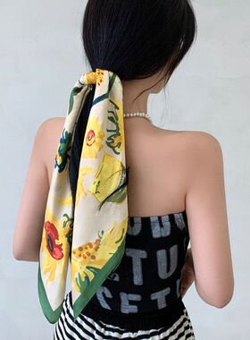 绿色油画小方巾丝巾女夏季薄款