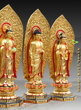 好货厂家直销树脂佛像彩绘西方三圣家用带背光1米08高金色三圣神