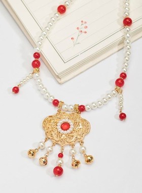 新款马面裙项链配饰古风儿童珍珠吊坠背云软璎珞长流苏项圈如意锁