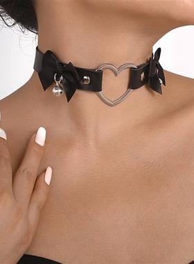 Love collar leather bow bell choker necklace