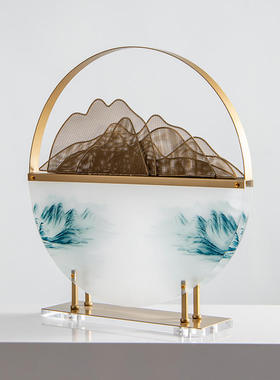 新中式禅意圆形假山屏风摆件客厅电视柜玄关酒店办公桌轻奢装饰品