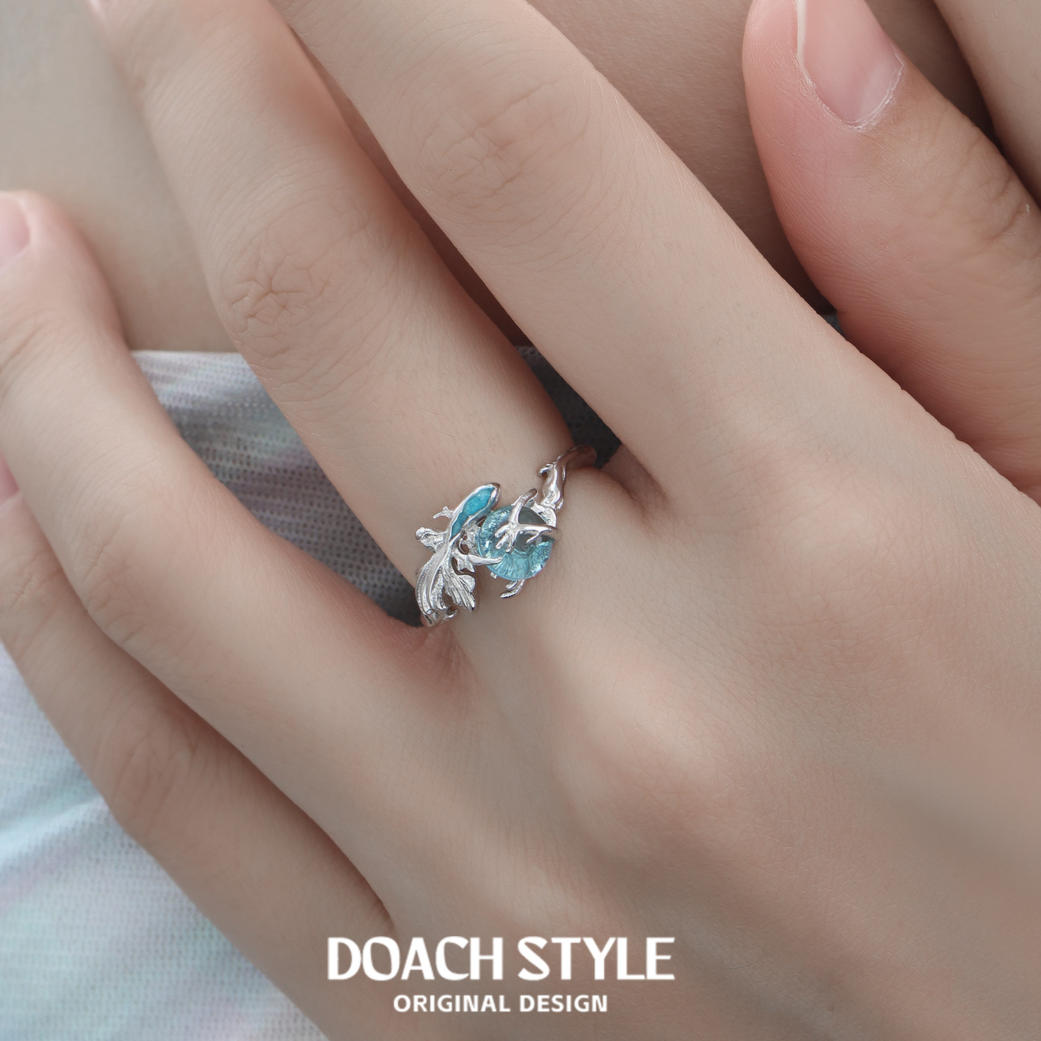 DOACH 原创设计灵蓝鱼戒指S925纯银不掉色小众高级鱼形开口食指戒,淘宝优惠券,粉丝福利购,淘宝优惠卷