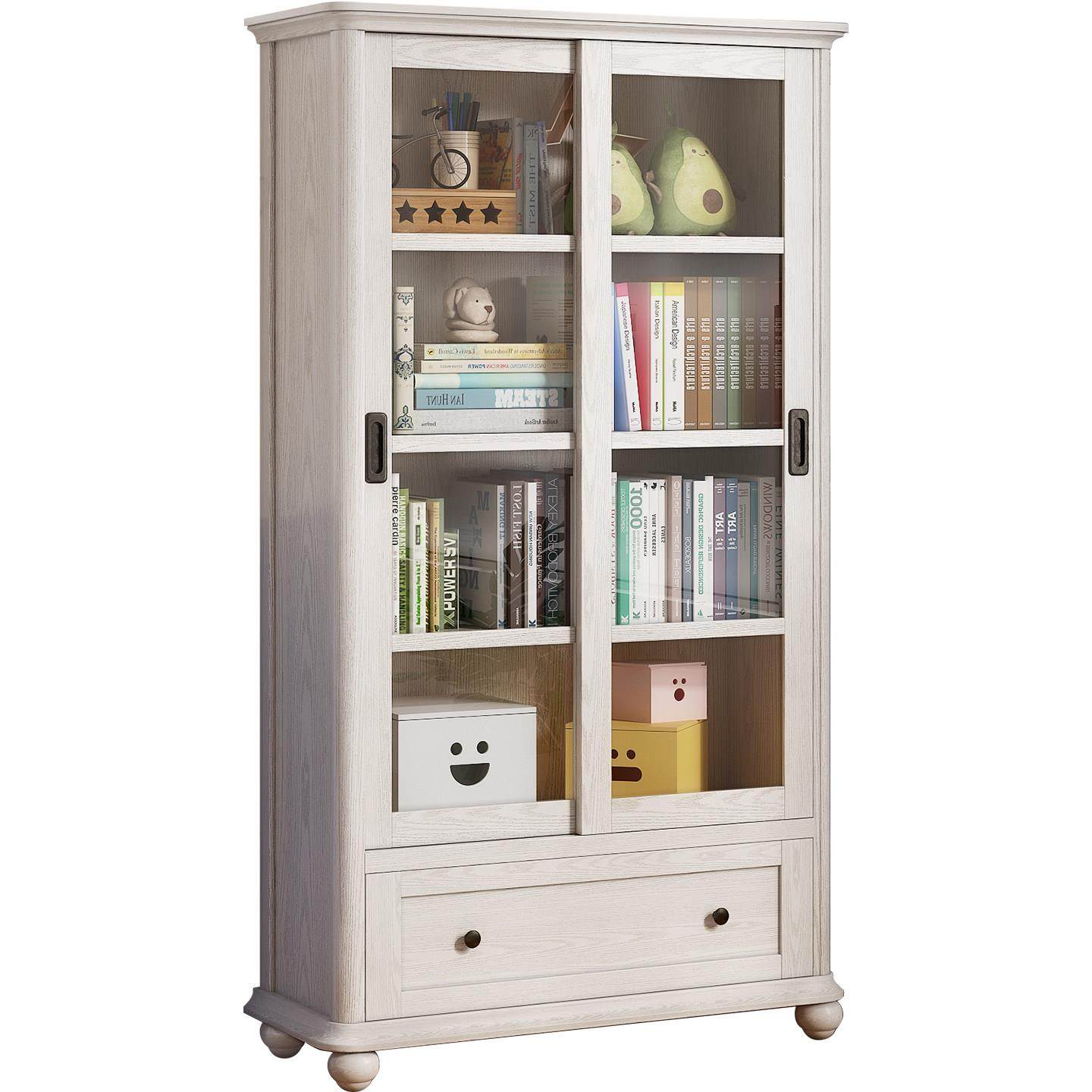 儿童落地书柜实木玻璃拉门防尘家用客厅阅读收纳一体置物架书架 - 图3