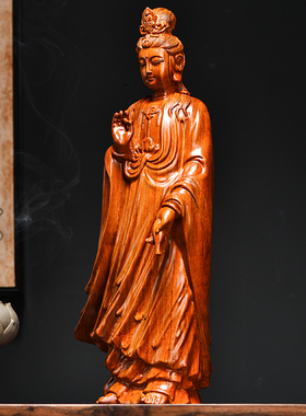 速发木雕礼件观音佛像实工雕刻净瓶菩萨供奉家居饰品开业乔迁木艺