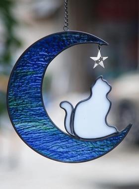 彩色玻璃宠物猫狗月亮挂件水纹玻璃镶嵌创意纪念礼物亚马逊热卖
