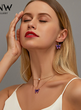 欧美新款套装蝴蝶项链 彩色双层珍珠蝴蝶吊坠女 气质优雅蝴蝶耳环