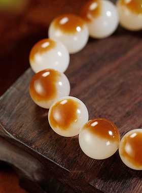 新疆如意和田玉 糖白手串玉石手链糖料红糖白肉男女款圆珠糖白玉