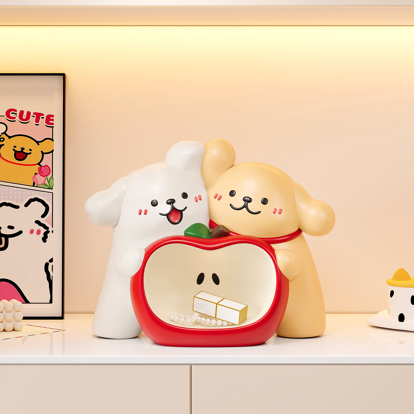 线条小狗苹果摆件入户玄关柜钥匙收纳乔迁新年结婚礼物桌面装饰品,淘宝优惠券,粉丝福利购,淘宝优惠卷